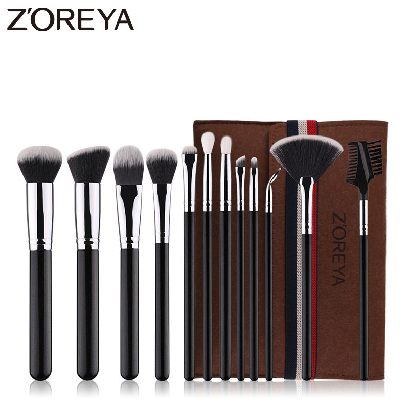 Zoreya merk 12 stuks zwarte make-up kwastenset foundation poeder blending oogschaduw bend eyeliner basis cosmetische kwasten