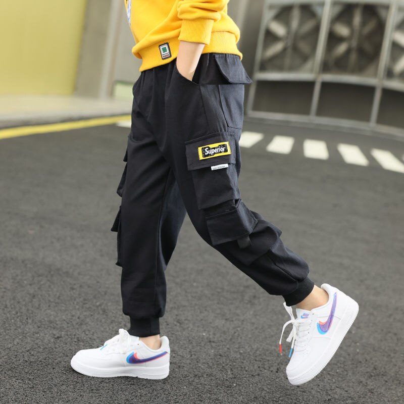 EACHIN – pantalon Cargo pour garçon, uni, multi-poches, décontracté, Streetwear, printemps automne, 2022: Black / 4-5 Years(120cm)