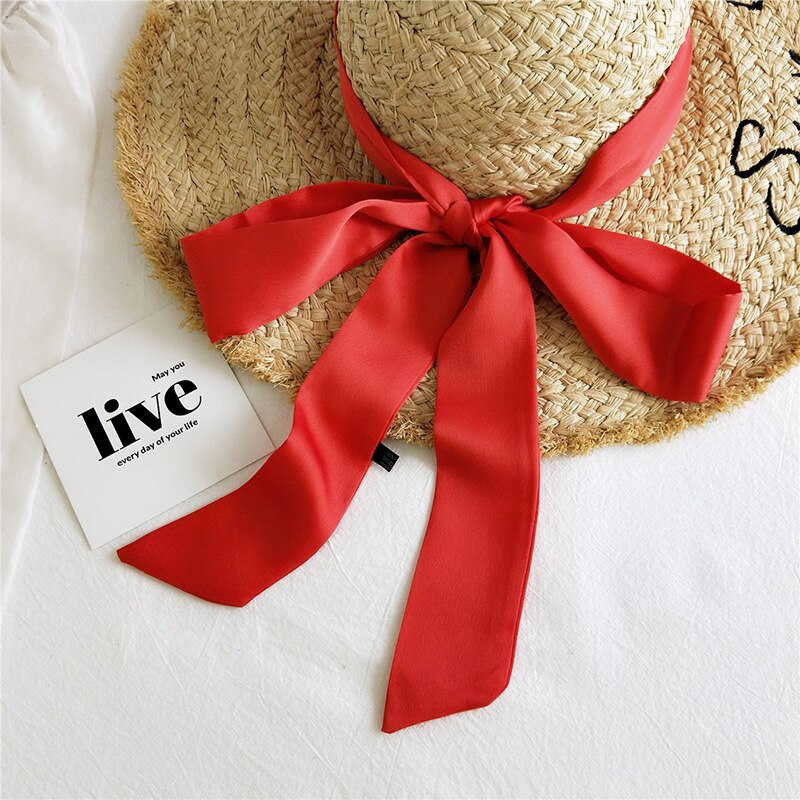 Solid Color Small Neckerchiefs Women Long Ribbon Hairband Satin Silk Scarf Lady Belt Tie Handbag Ribbons Hair Scarves: Red