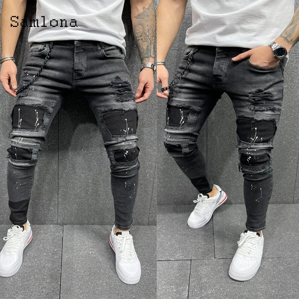 Samlona-pantalones vaqueros rasgados para hombre, estilo occidental, Punk, a la , de retales, pantalón pitillo,