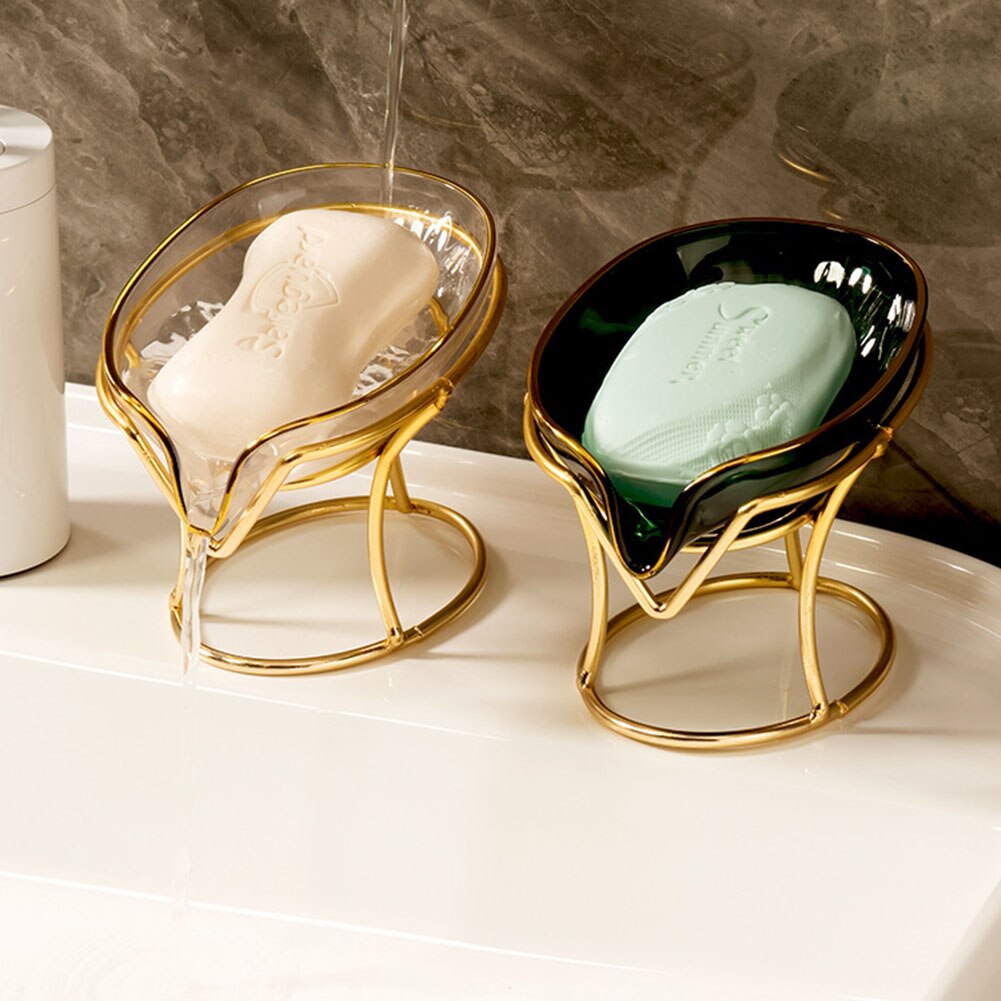 Luxury Ceramics Leaf Shape Soap Box Drain Iron Rack Soap Holder Shower Sponge Storage Plate Tray Non-slip Kitchen Supplies