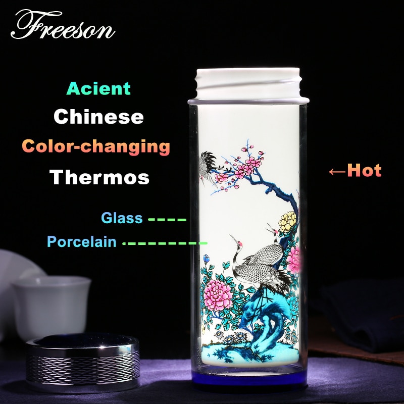 Vintage kinesisk färgförändring glaskeramik termos retro blå vit porslin termos termokopp vakuumkolv tekopp