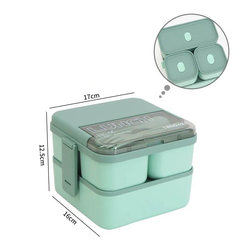 1100ML/1800ML 2 layer Compartment Lunch Box For Kids With Fork and Spoon Microwave Bento Boxes Portable Food Storage Container: green