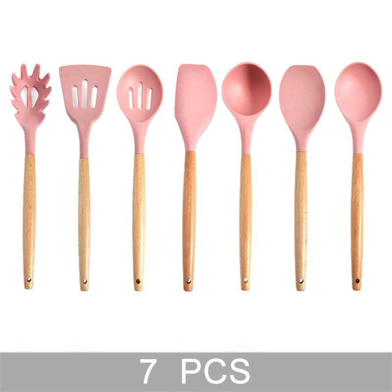 9 Stuks Roze Siliconen Keukengerei Set Non-stick Hittebestendig Bakken Koken Tools Keukengerei Accessoires: 7 PCS