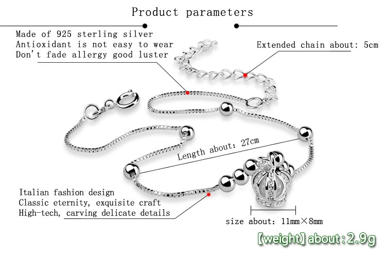 925 sterling silver anklets for woman special Crown pendant Solid silver chains Not allergic lady Silver jewelry