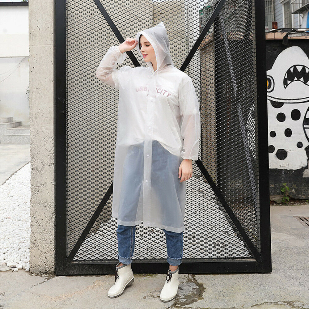 Chubasquero para adultos, transparente, impermeable, de plástico, reutilizable, Poncho para la lluvia, capucha para señora, hombre, viaje, Camping, impermeable, traje: Blanco