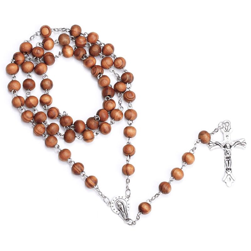 Handmade Round Bead Catholic Rosary Cross Religious Wood Beads Necklace