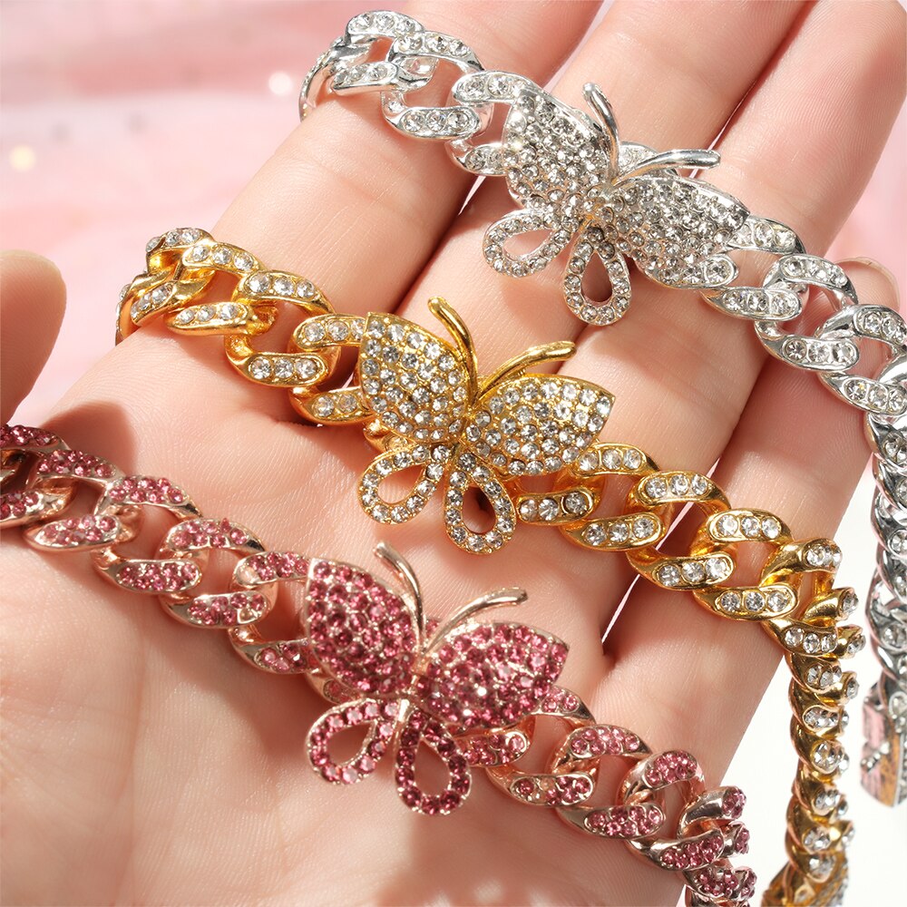 1 Pc Zirkoon Vlinder Enkelband Bling Strass Cubaanse Link Chain Enkelbanden Voor Vrouwen Brede Voet Armbanden Boho Strand Sieraden