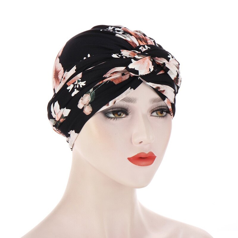 Bohe – Turban de sommeil à volants croisés pour femmes musulmanes, écharpe, bonnet, chapeau, accessoires contre la perte de cheveux: Black