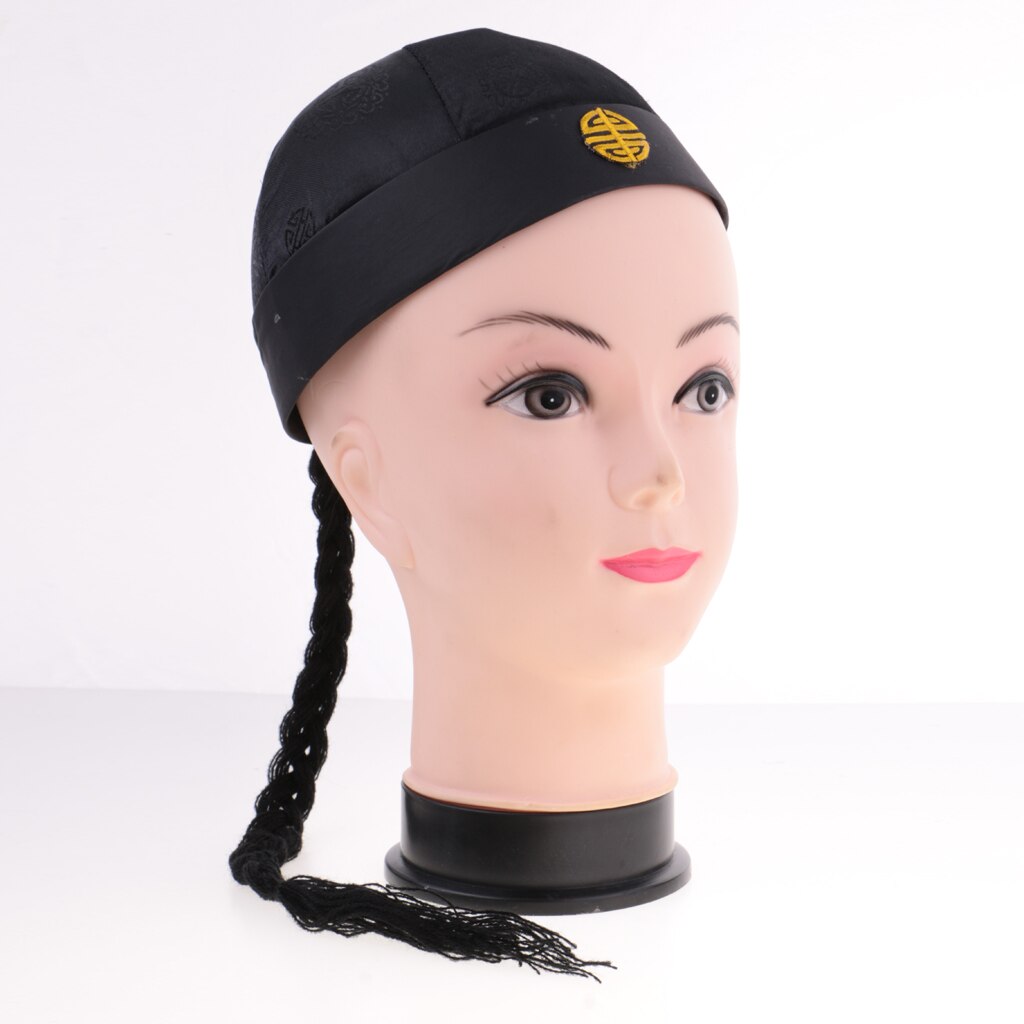 Funny Adult Kids Chinese Oriental Cap With Ponytail Hat Costume Fancy Dress