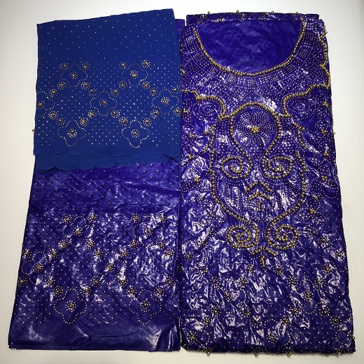 bazin riche getzner african fabric with rhinestones & beads latest top 3 in 1 basin tissu africain brocade fabric for dress: royal blue