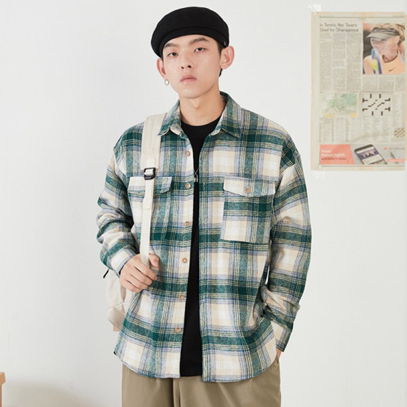 Autumn Winter Men&#39;s Square Plaid Multi-pocket Japanese Flannel Long-sleeved Shirt Classic Harajuku Style Office Men Work Tops