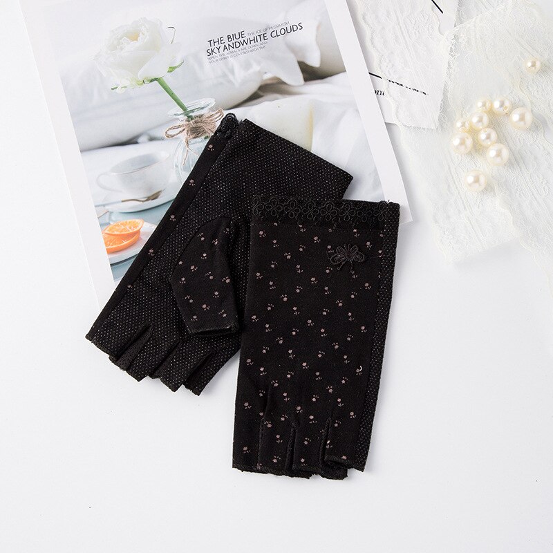 Gants de protection solaire pour femmes, en coton, UV, perle, Sport, cyclisme, conduite, écran tactile, demi-doigt, moufle, fleur, point, O22: B Black