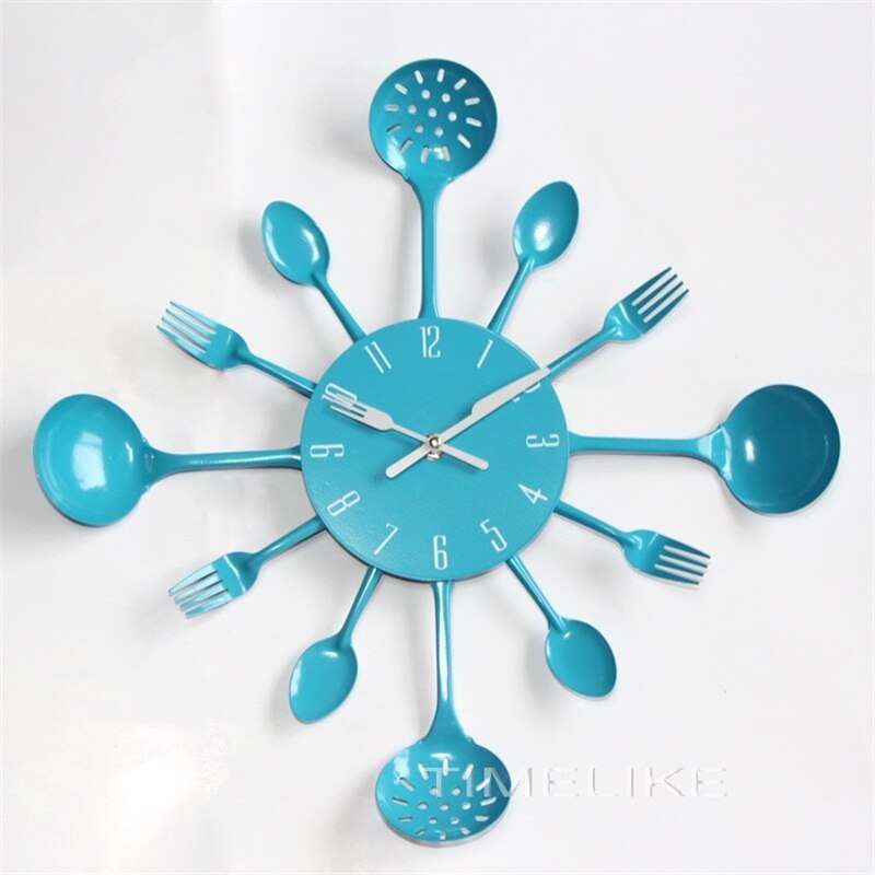 Cutlery Kitchen Clock Wall Copper Metal Spoon Fork Wall Decor Clocks Modern Art Horloge 3d Wall Clock 2022: blue