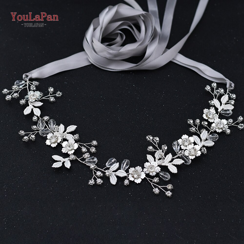YouLaPan SH350 Wedding Dress Belt Bridal Rhinestone Sash with White Ribbon for Bridesmaid Crystal Party Gown Dress Belts: Gray ribbon