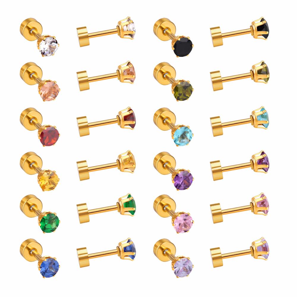 LUXUSTEE 12pairs lots Colorful CZ Earrings Price Stainless Steel Anti-allergy 3mm 6mm Screw Stud Earrings Wedding: 3mm gold