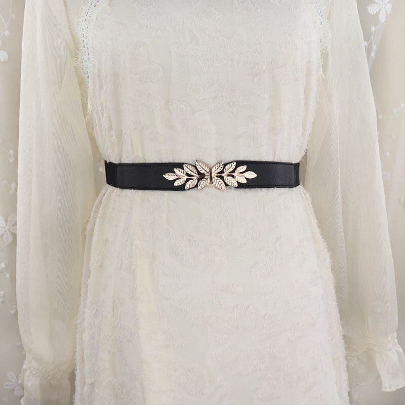 Cinturones anchos para mujer, corsé de cuero PU para adelgazar la cintura, cinturones de cuerpo, cintura elástica ajustable, faja para vestido: leaf black belt
