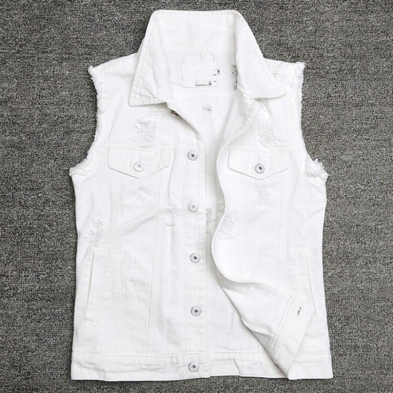 Neue Frühjahr knapp Gedruckt Mens ärmellos Denim Westen Einreiher See Zerrissene Dünne Männlichen Westen Plus Größe: voll Weiß / XXXL