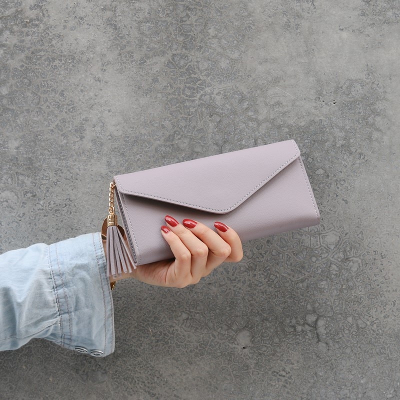 Women Leather Simple Long Wallet Tassel Coin Purse Card Holders Multi-card Position Female Wallet Portefeuille Femme: light purple