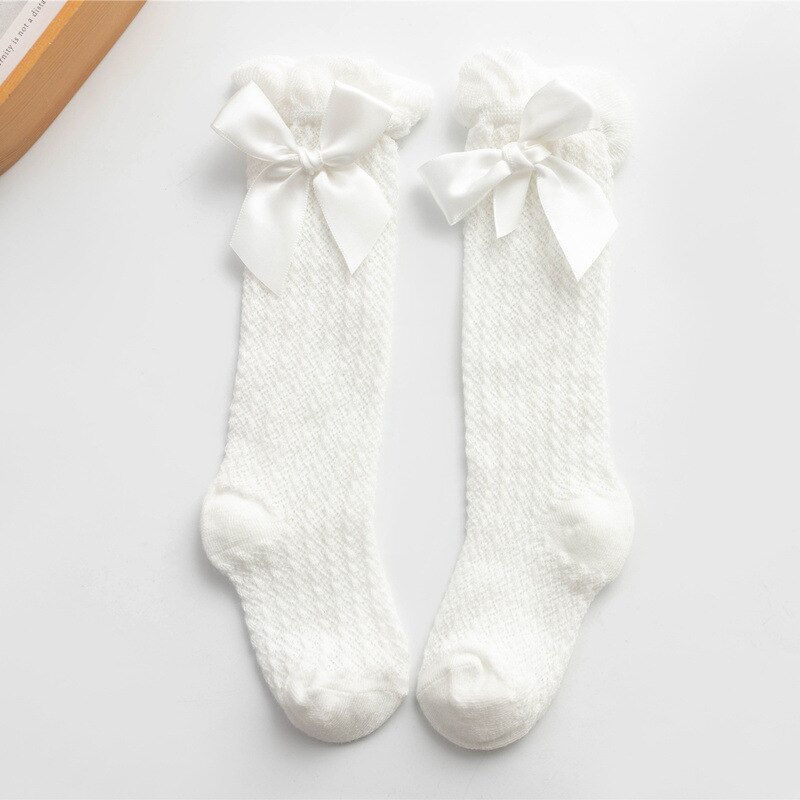 Calcetines hasta la rodilla de malla de algodón para bebé, niña recién nacida, de dibujos animados, de malla, baratos: White Bow Socks