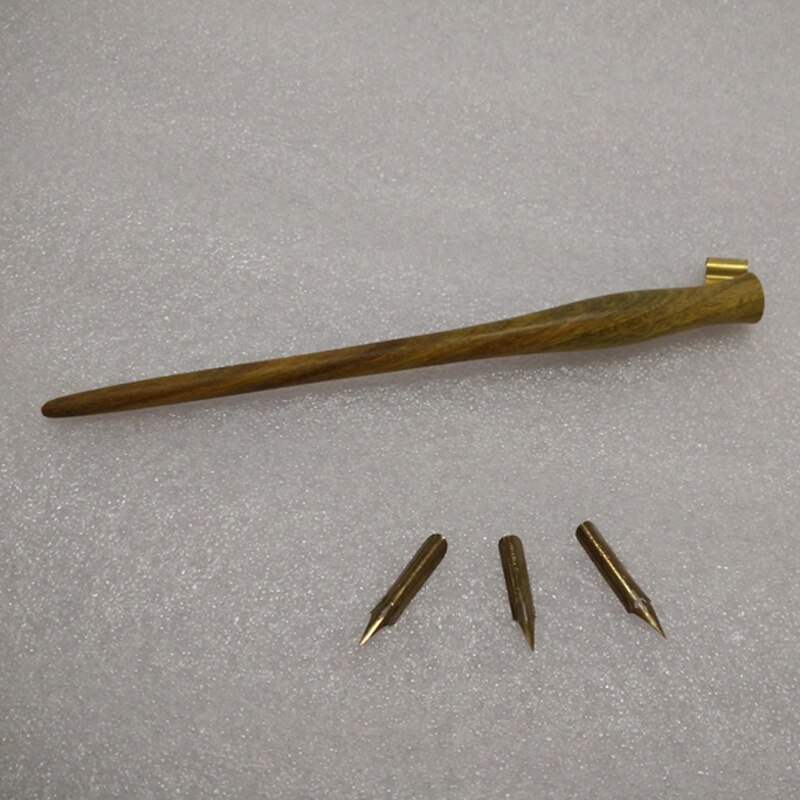 Hand Made Solid Wood Oblique Calligraphy Copperplate Script Hand Writing Dip Pen Set with 3 Nibs