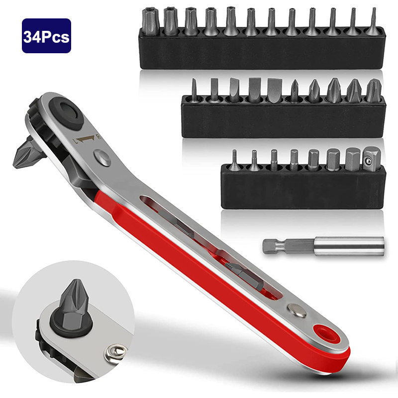 Elbow Head Mini Ratchet Wrench Screwdriver Set 90 Degree Offset Screwdriver Handle 1/4 Inch Drive Right Angle Torque Wrench: 34Pcs