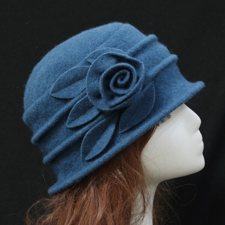 Women Flower Cloche Hat Soft Warm 100% Wool Rose Leaves Nostalgia Style Winter Vintage Felt Wide Brim Hats: peacock blue