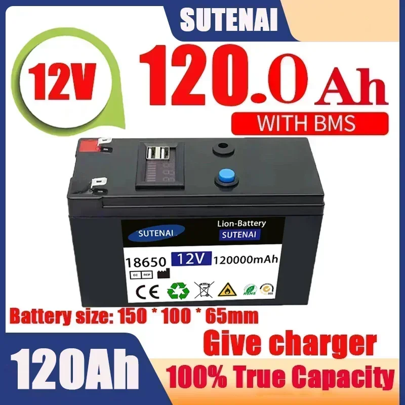 NEW253 12V Battery 120Ah 18650 lithium battery pack Rechargeable battery for solar energy electric vehicle battery+12.6v3A charg