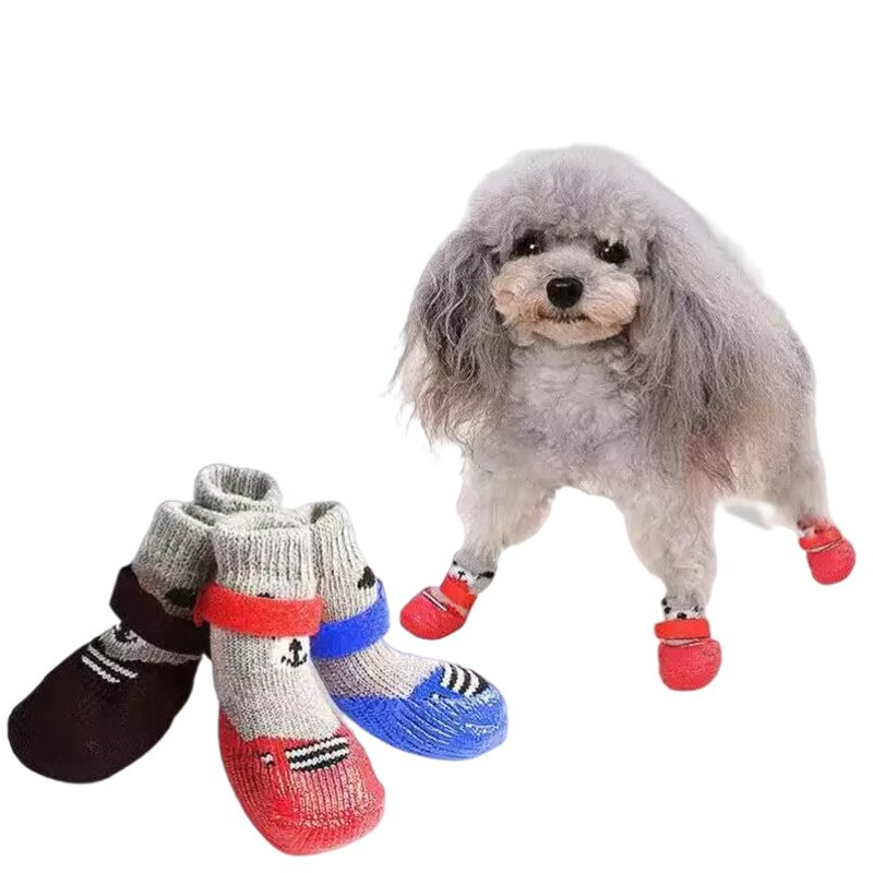 4pcs Dog Socks Winter Warm Anti-Slip Waterproof Pet Socks Small Cat Knit Cover Foot Paw Protector Booties Shoes Accessories