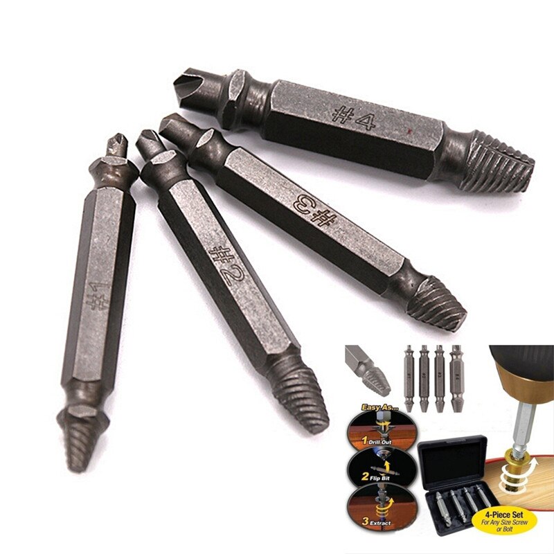 4pcs Broken Breakage Head Screw Extractors Double Ended Damaged Screw Extractor Wood Bolts Remover Extract Drill Tool