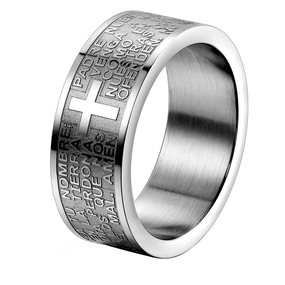 Mens 316L Stainless Steel Ring Spanish Lord&#39;s Prayer Bible Cross 8mm Band silver color anillos hombre mens jewellery