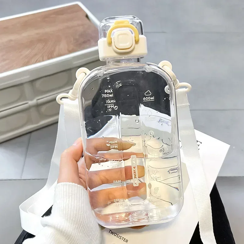 Botella de agua transparente cuadrada y plana, cantimplora de viaje portátil con correa ajustable, botella delgada para deporte y Camping: Caqui oscuro