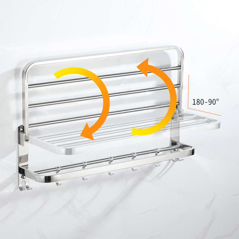 Wall Mounted Folding Movable Towel Rack Stainless Steel Polished Organizer Towel Holder Storage Shelf Hook bathroom Accessories