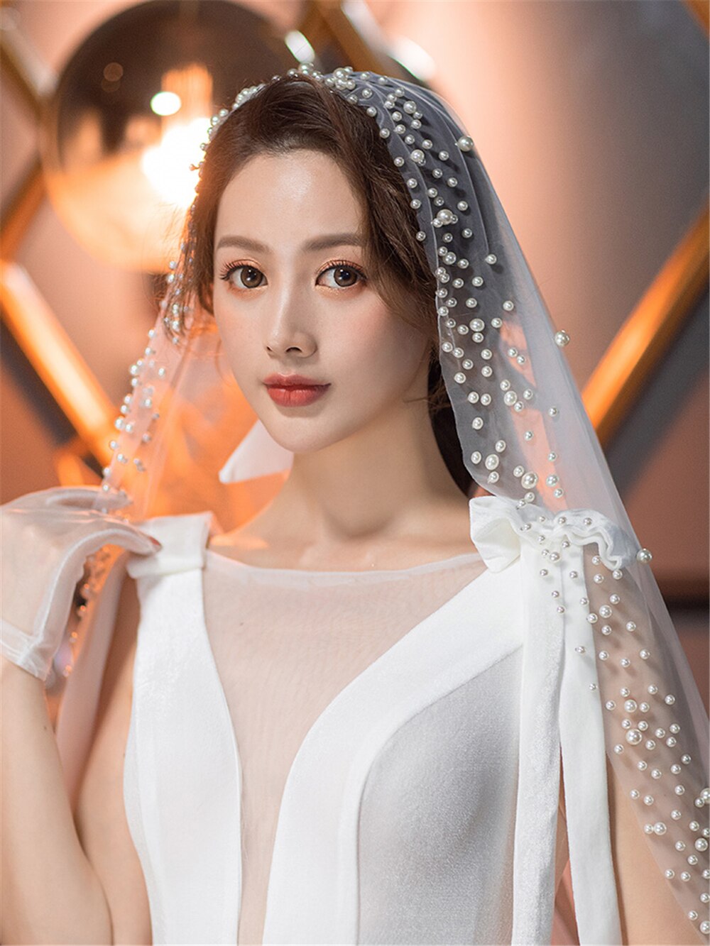 Velo de novia largo de una capa, longitud de catedral de boda con borde de perlas, velo de tul de Noiva con cuentas de marfil sin peine, 3x3 metros