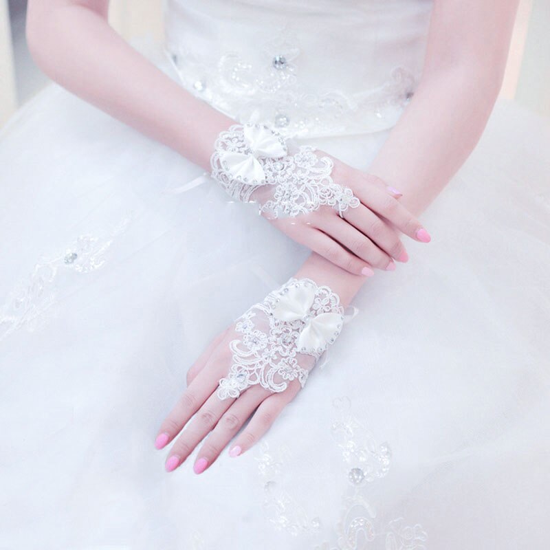 Guantes Blancos cortos de boda para mujer, guantes para novia sin dedos, de encaje rojo, accesorios de boda