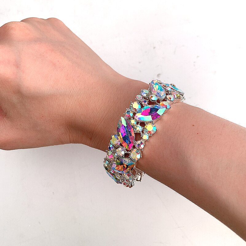 Eenvoudige Ab Kleur Crystal Manchet Armbanden Armband Grote Brede Stretch Bangle Sieraden Giften Voor Vrouwen Bruiloft Accesorios