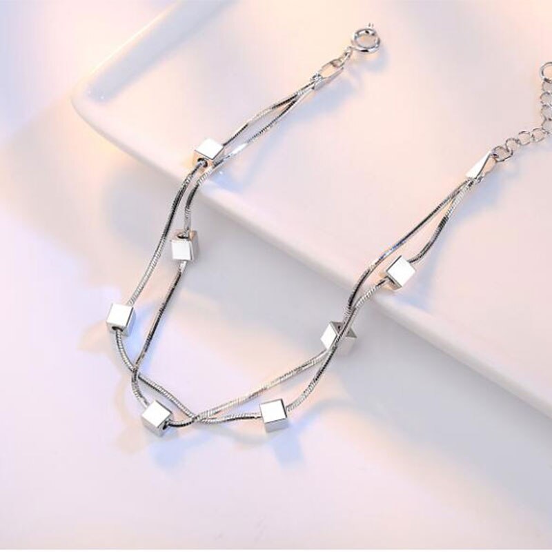 Pulsera de plata de ley 925 para mujer, pulsera tobillera de doble cadena cuadrada, pulsera de estrella para mujer, pulsera S-B167