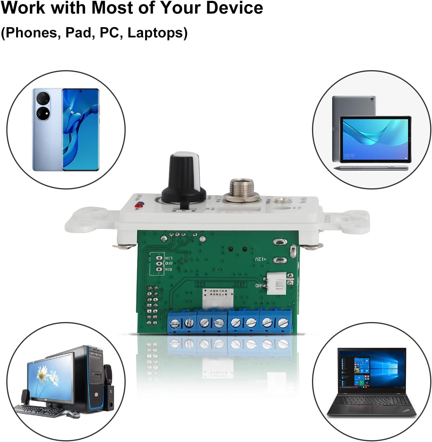 Herdio Bluetooth Wall Amplifier 4 Channels Volume Control Wall Plate USB/AUX Inputs Connect 4 Speakers With 12V3A Power Supply