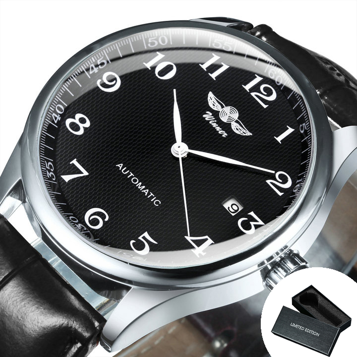 Winner Klassische Business-Armbanduhr für Herren, Retro-Kalender, blaue Zeiger, automatische mechanische Uhren, Top, Luxus-Stahl-Ledergürtel: Elfenbein