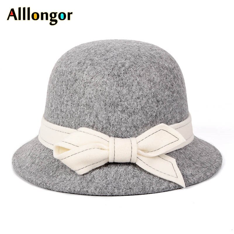 Efterår vinter derby hat kvinder sløjfe massiv grå sombrero mujer fedora hat damer formel vintage uld filt bowlerhat