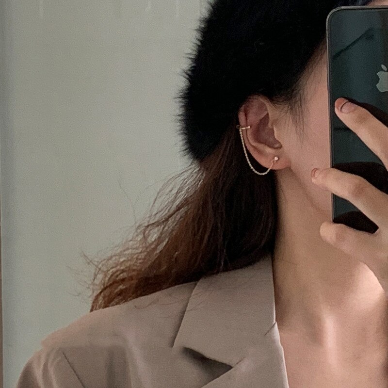 Minimalistyczny złoty kryształ stadnina połączyć łańcuch Earclip przeszywający Earcuff kolczyki dla kobiet 2020 akcesoria biżuteria