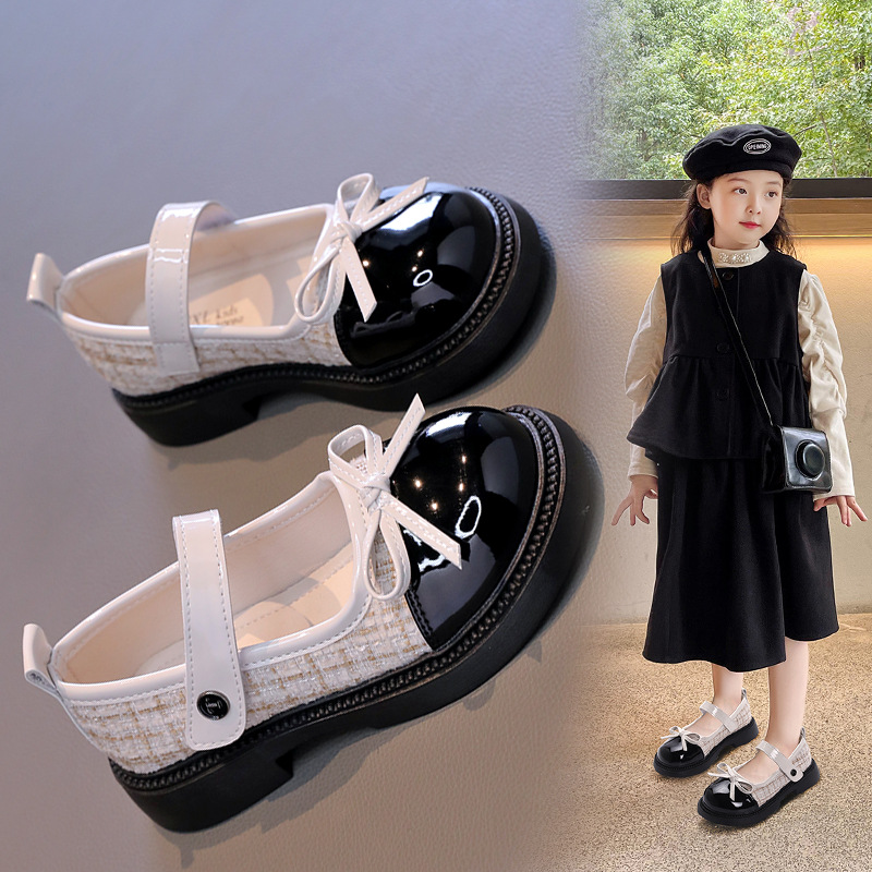 Butterfly Knot Anti Slip Round Toe Girls Leather Shoes Spring Autumn Outdoor PU Sweet Princess Leather Shoes Sandalias De Mujer