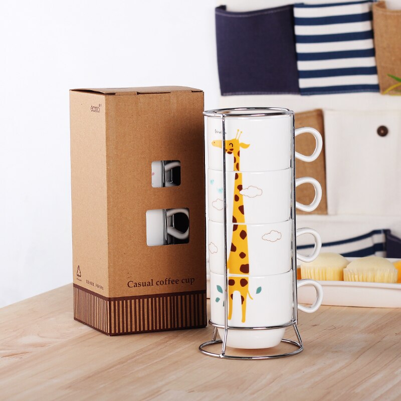 Ceramic Coffee Mug Stacking Cup Teacup Home Set Ceramic Cup Fun (4 Cups + 1 Cup Holder)
