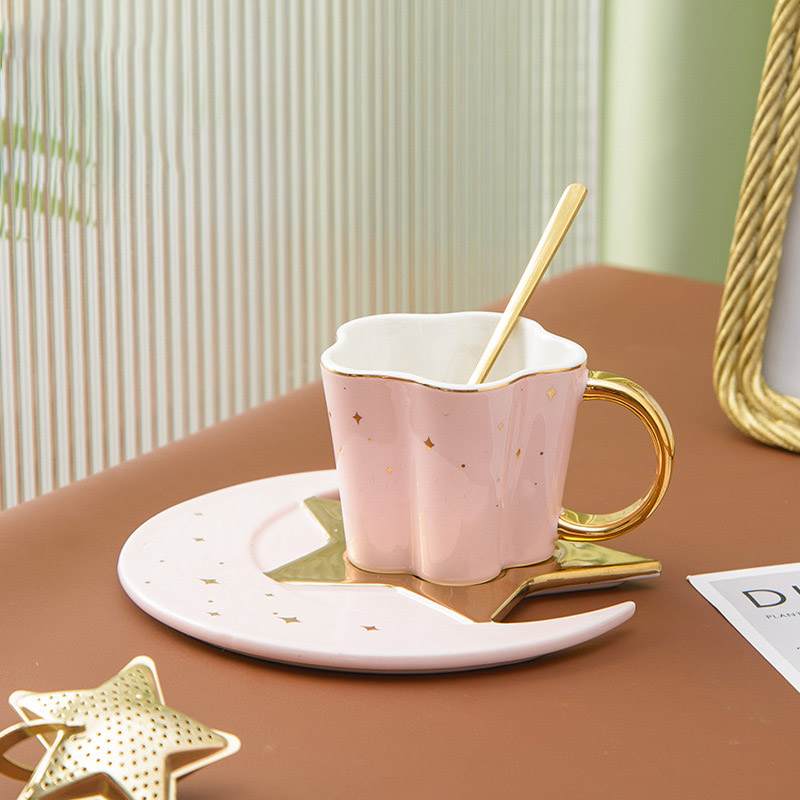 Ceramic Star Moon Shaped Coffee Mug And Saucer With Spoon Milk Tea Water Cup Gold Rim Cafe Mugs Plate Dish Coffeeware Home Cups