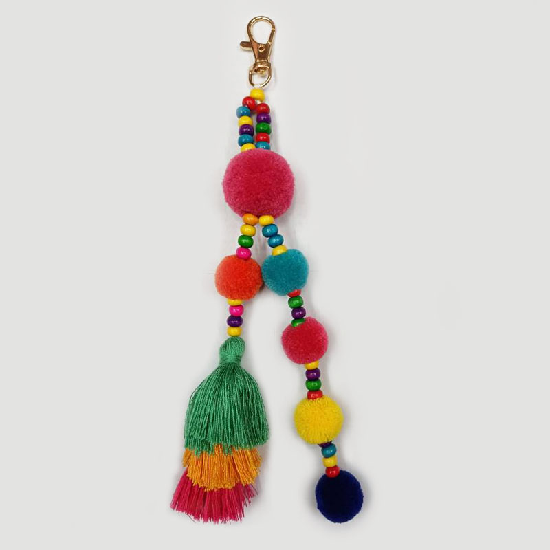 1pc Boho Style Colorful Keychains Wooden Beads Pompom Keyring With Rainbow Tassel Jewelry For Summer Women