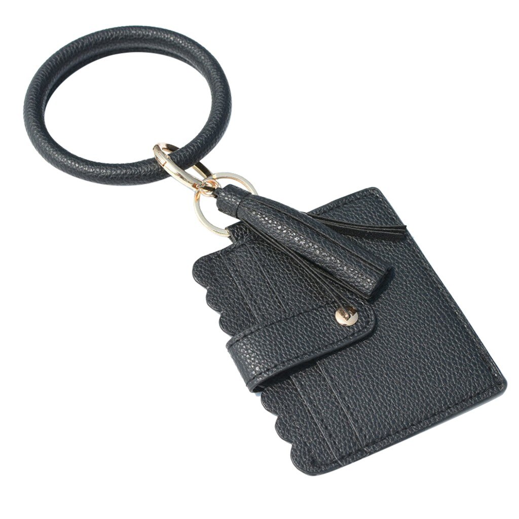 38#Large Bracelet Keychain Card Holder Wallets Tassel Bangle Key Ring Wallet With Wristband Casual PU Leather Hasp Card Purse: B