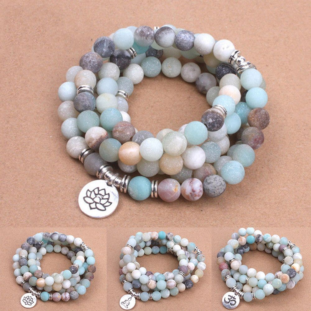 Naturliga färgglada armband matt frostade pärlor med lotus om buddha charm yoga armband bön 108 mala halsband kvinnor