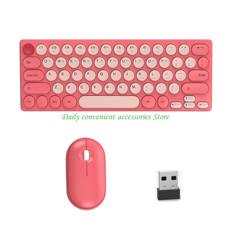 97QB Retro Round Keycap Wireless Keyboards Mouse Bundles 2.4G Silents Button Long Battery For Home Office Setups: pink