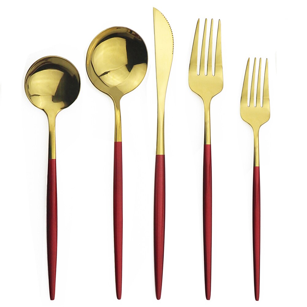 20 st färgglada bestick set guld bestick set dessert gaffel sked 304 rostfritt stål servis set glänsande kök servis set: Rött guld