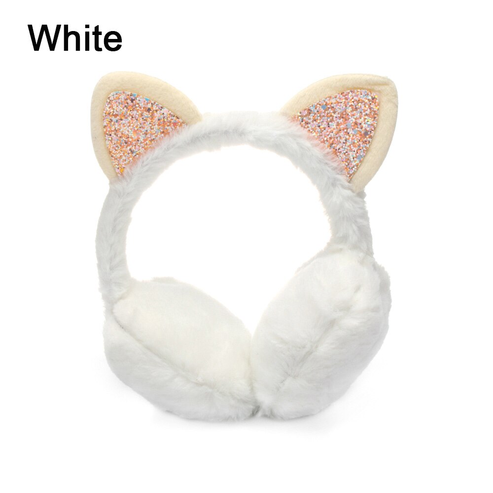 Dejlige vinter varme ørebeskyttere til kvinder piger kat ører plys øreopvarmere ørebeskyttere paillet ørebeskyttere fluffy øreflap hovedbøjle: Hvid